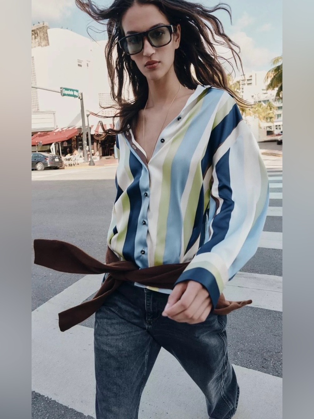 Zara NWT Multicolor Vertical Stripe Satin Button Down Shirt